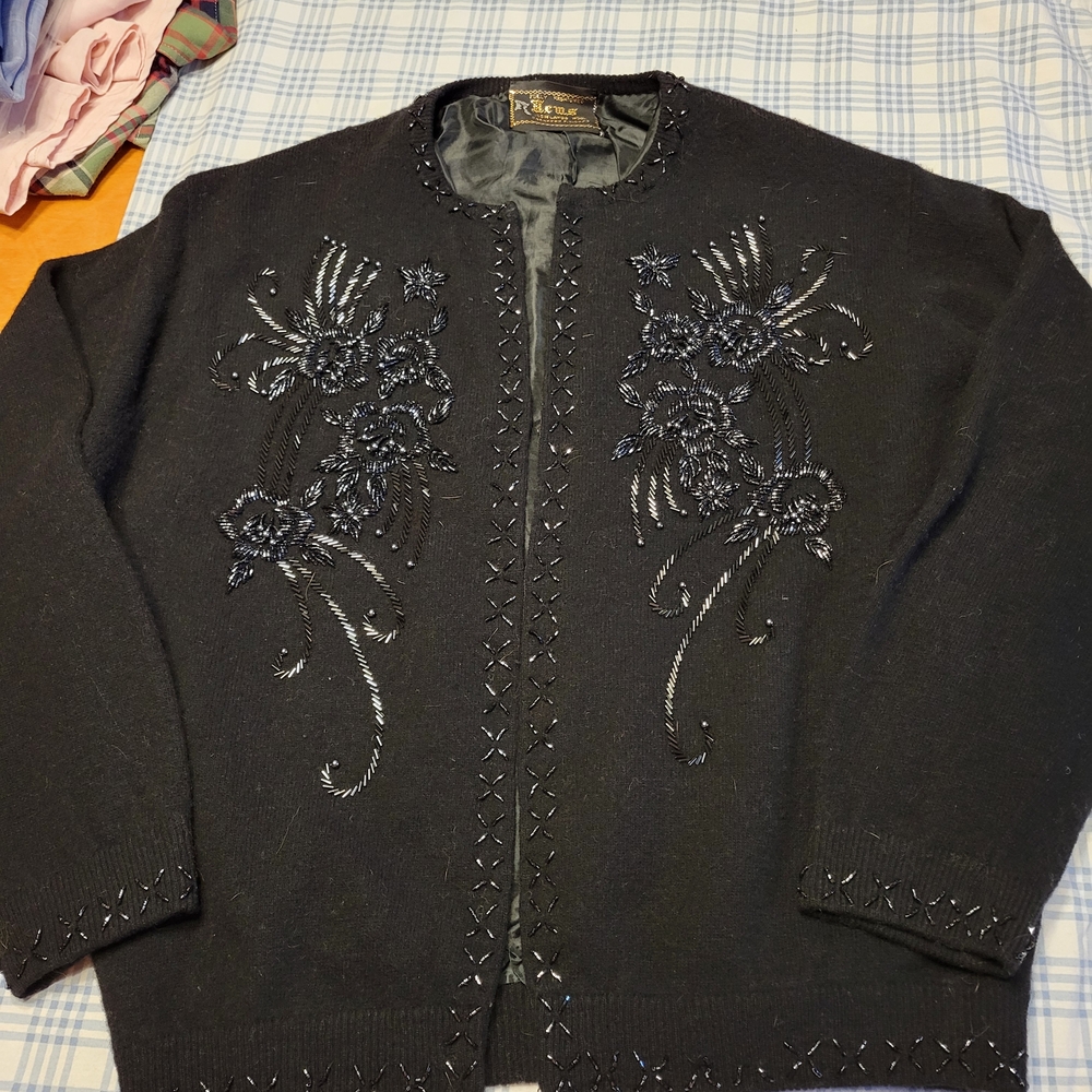 Hems Black Cardigan with Black Beaded Embroidery - Picture 3 of 8